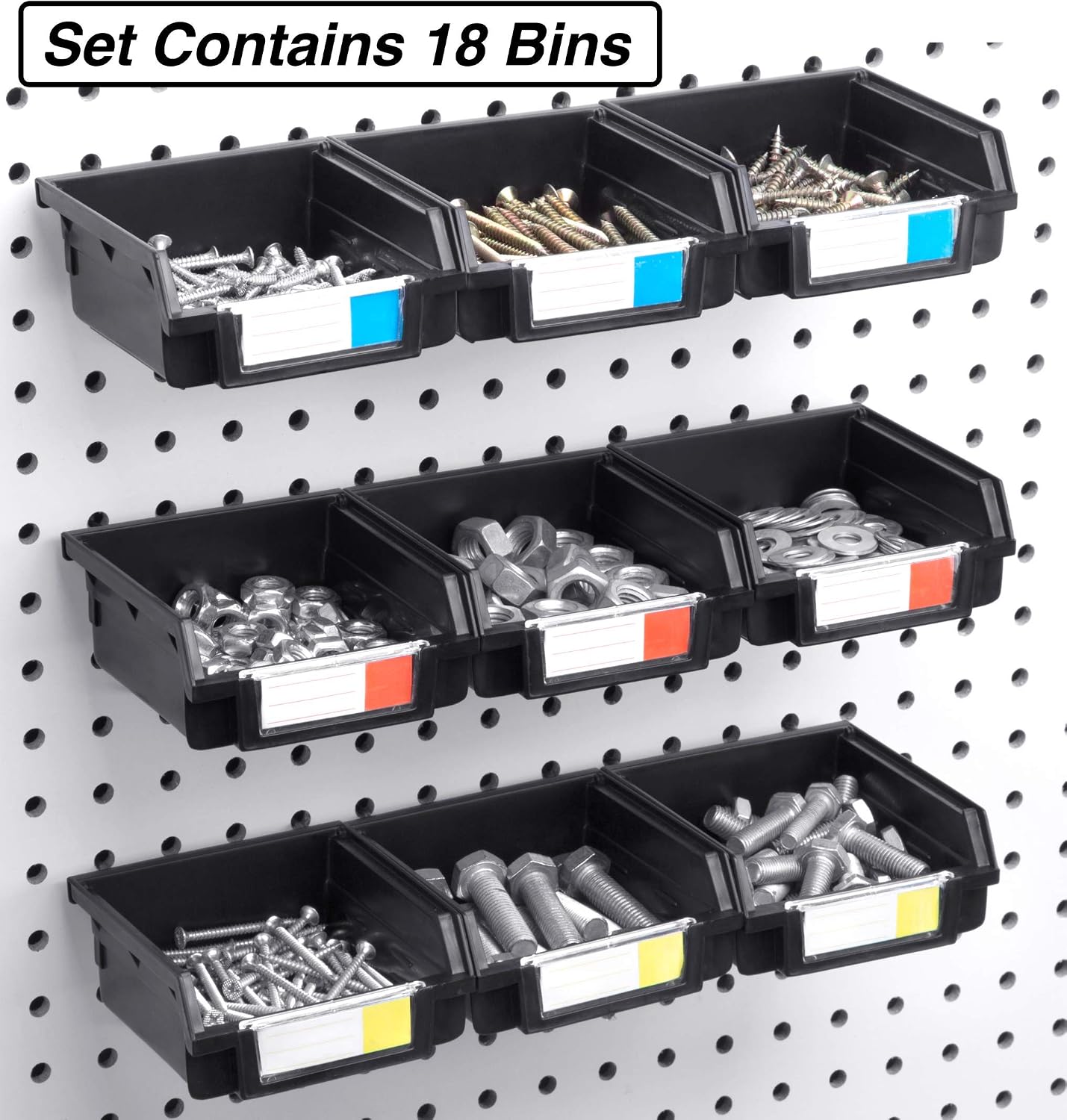 Pegboard Bins – 18 Pack Black - Hooks to Any Peg Board - Organize Hardware, Accessories, Attachments, Workbench, Garage Storage, Craft Room, Tool Shed, Hobby Supplies, Small Parts image 3