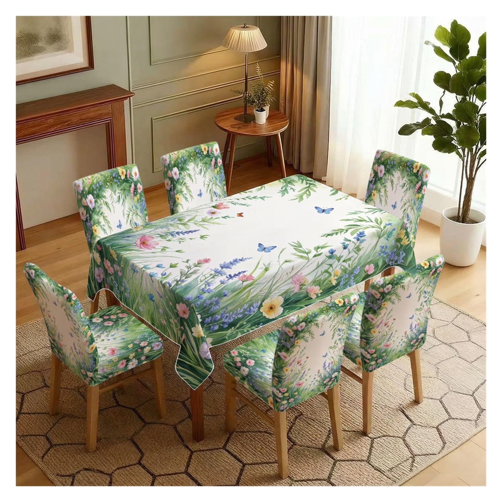 BOSUYBN Spring Wild Meadow Flower & Butterfly Print Dining Tablecloth & Chair Covers Set, 5/7 Piece Fresh Garden Cottage Dining Decor Table Setting(7pcs Set: Tablecloth+Chair Covers)