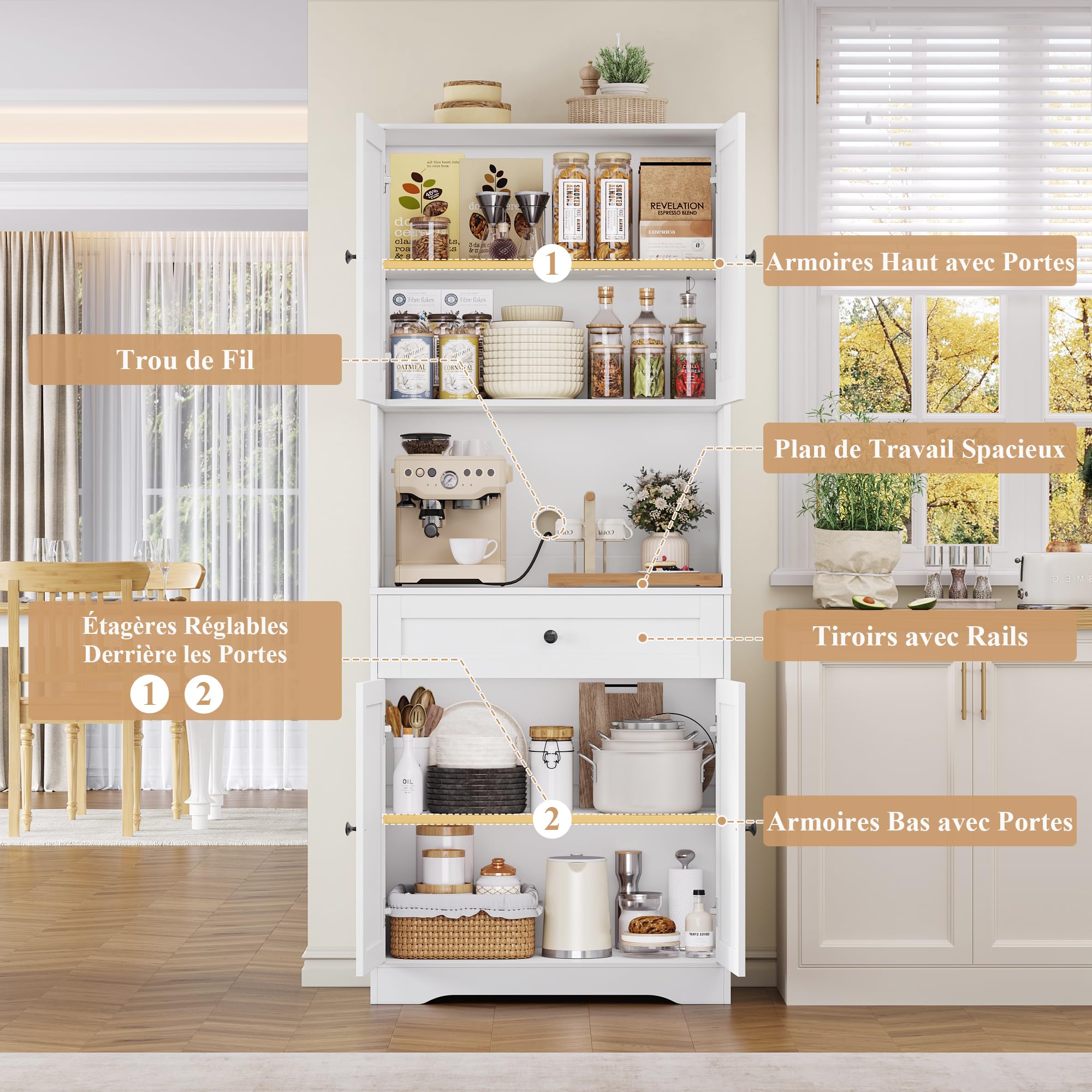 FOREHILL Buffet Cuisine, Meuble Cuisine avec 4 Portes 1 Tiroir, Meuble de Rangement avec Trou de Câbles Étagères Réglables Vaisselier Salle à Manger pour Micro-Ondes 75x40x180cm