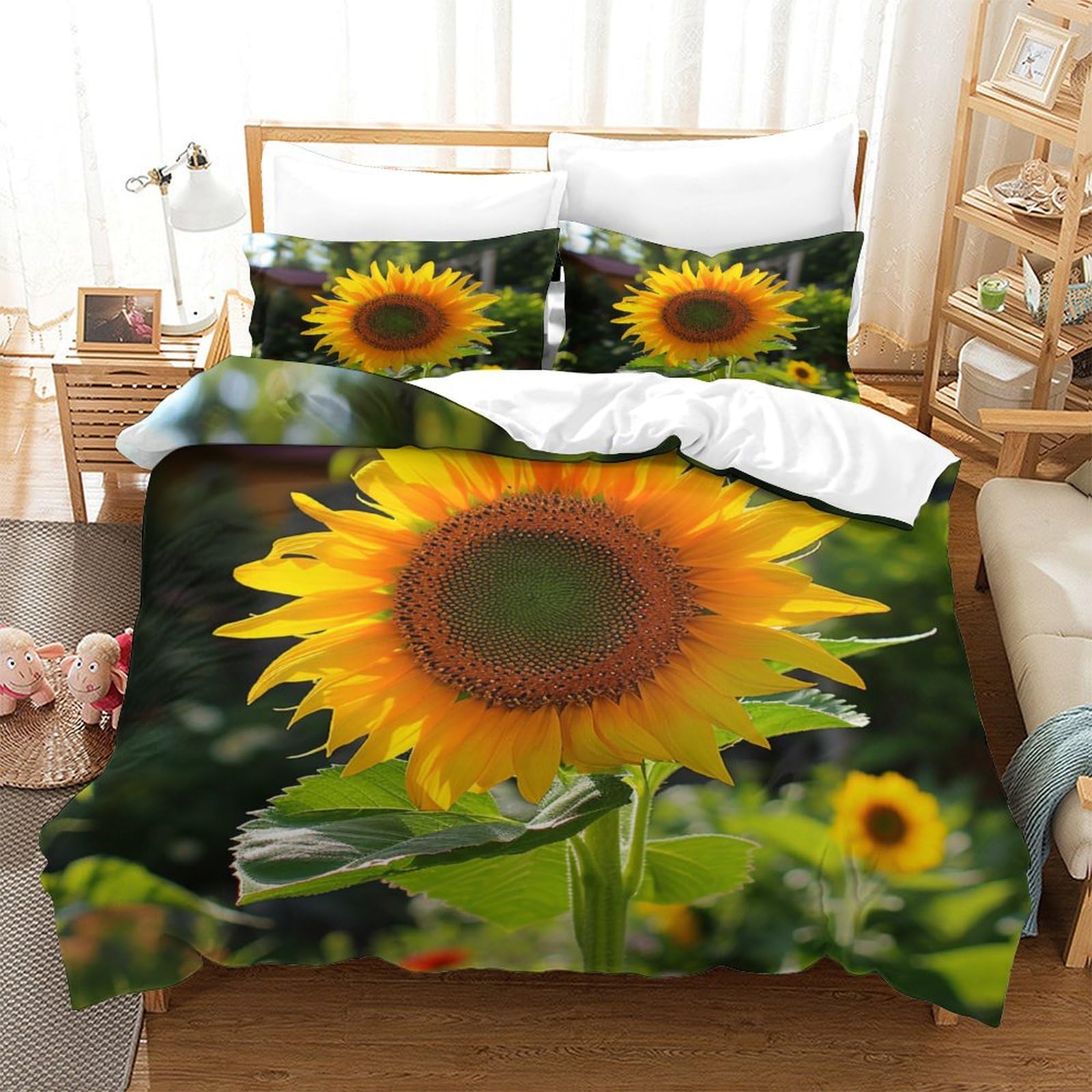 P1S9U7W5Y Summer Nature 3D Printed Sunflower Duvet Cover Set 3pcs Microfiber Botanical Sunflower Bedding Set Single（140x200cm）