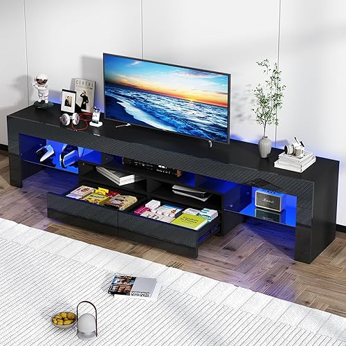 Miniatura 10 de St.Mandyu Soporte de TV LED para TV de 505560 pulgadas, centro de entretenimiento moderno de alto brillo con cajón y luces LED, mesa de televisión,