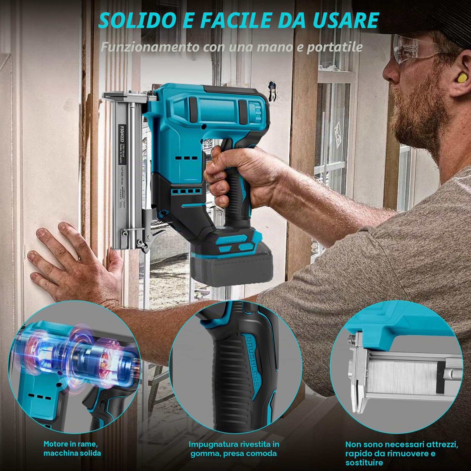 Chiodatrice senza fili compatibile con batteria Makita da 18 V (senza batteria), cucitrice elettrica senza spazzole da 18 GA con 500 chiodi e 500 punti, pistola per unghie senza fili a 2 modalità per