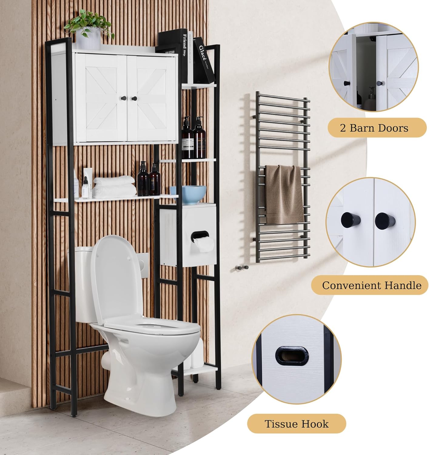 Over The Toilet Storage Cabinet, Bathroom Organizers Above Toilet with Barn Doors and Paper Holder Stand, Behind Toilet Bathroom Organizer for Restroom Laundry