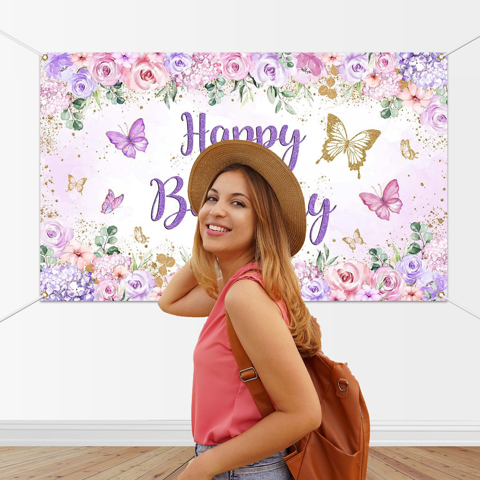 Mocsicka Pancarta de cumpleaños de mariposa, telón de fondo de mariposa morada, feliz cumpleaños, niña, fiesta de cumpleaños, decoración de cumpleaños de mariposa, 70.8 x 43.3 pulgadas