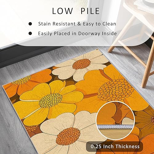 Miniatura 4 de Alfombra de pasillo floral de los años 70, 2 x 8, alfombra de pasillo retro con patrón de flores amarillas, antideslizante, lavable, decoración