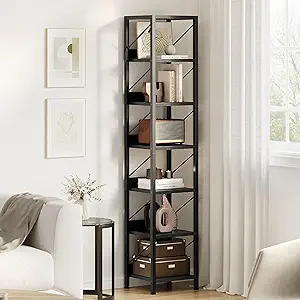 GarveeHome 6 Tier Narrow Bookcase Tall Skinny Bookshelf Rustic Corner Shelf Small Bookshelves Industrial Bookcase for Bedroom, Living Room, Home Office