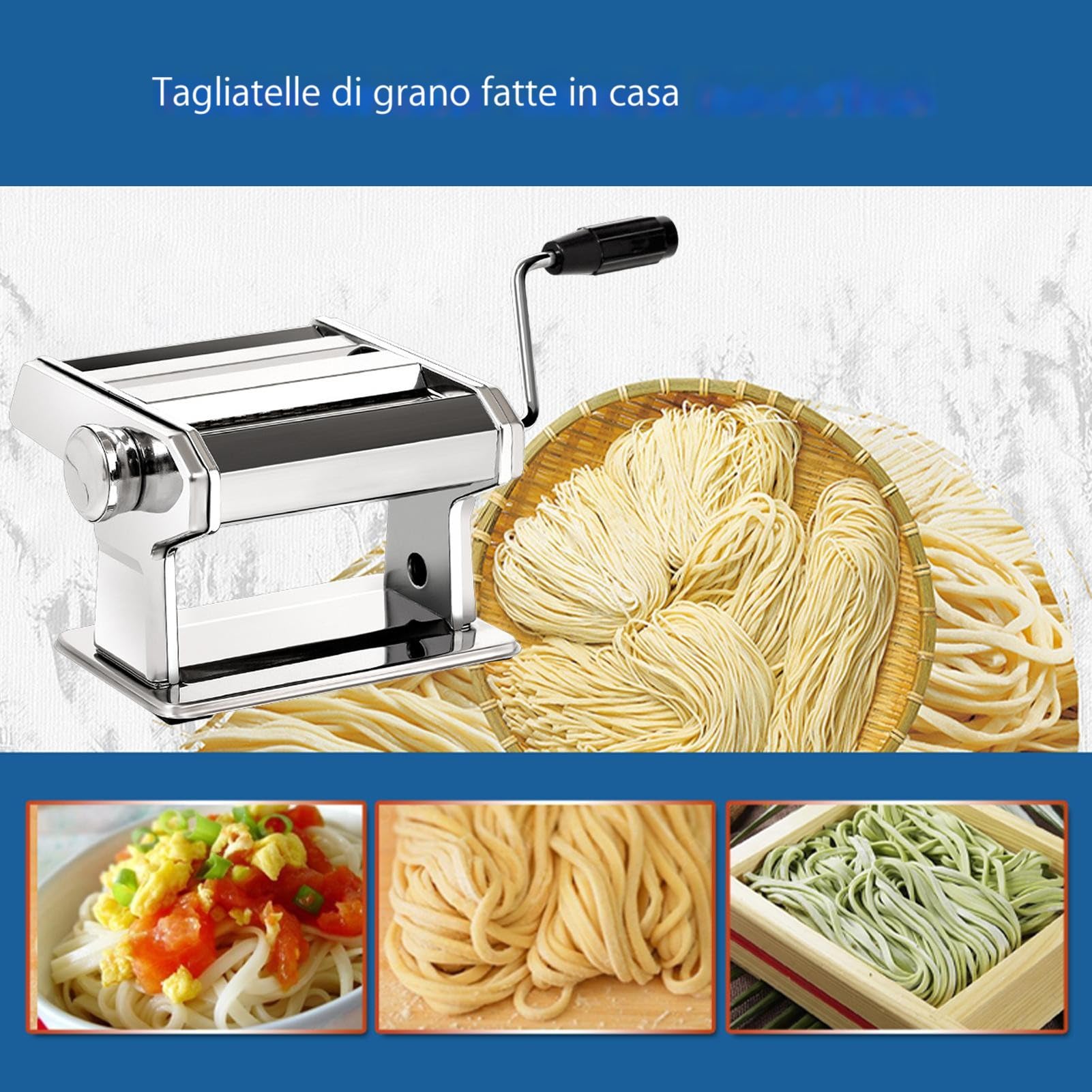 Máquina para hacer pasta - Acero inoxidable 18X18X13Cm 2,9kg | Prensa manual para extrusora de pasta para fideos | 9 Rodillo para espesor ajustable | Cocina doméstica Cocina Plata