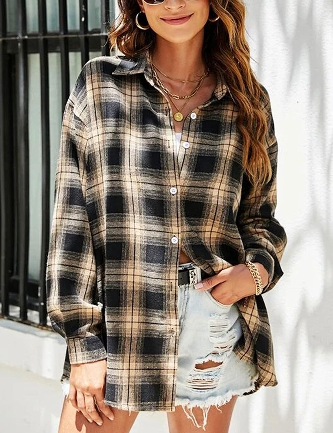 HangNiFang Flannel Plaid Shirts for Women Oversized Button Down Shirts Blouse - Image 2