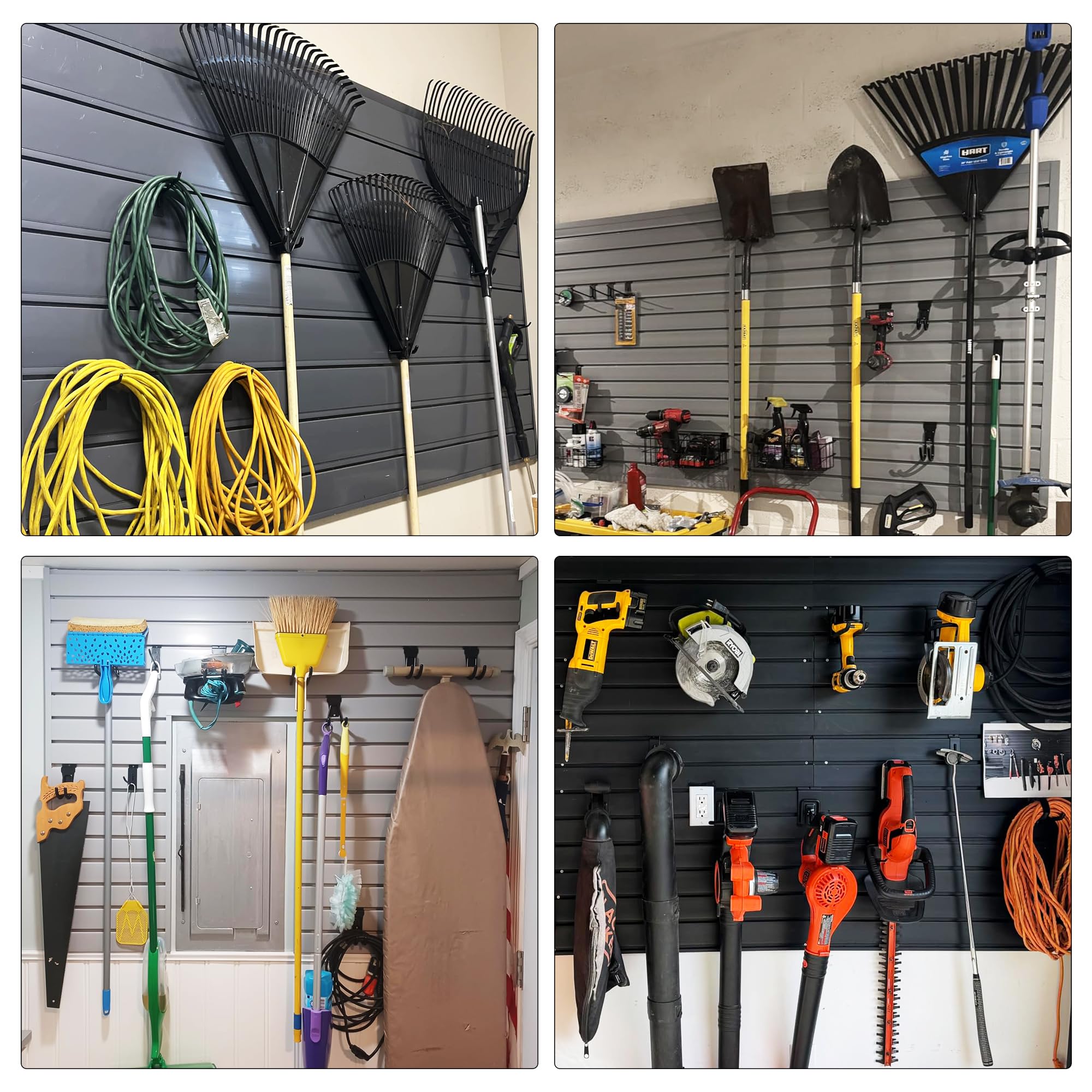 3-H 16 small pièces Slatwall Crochets Slatwall Accessoires Crochets de garage,Garage Hooks avec 2 sangles de rangement pour outils Jardin Garage Remise(Noir)