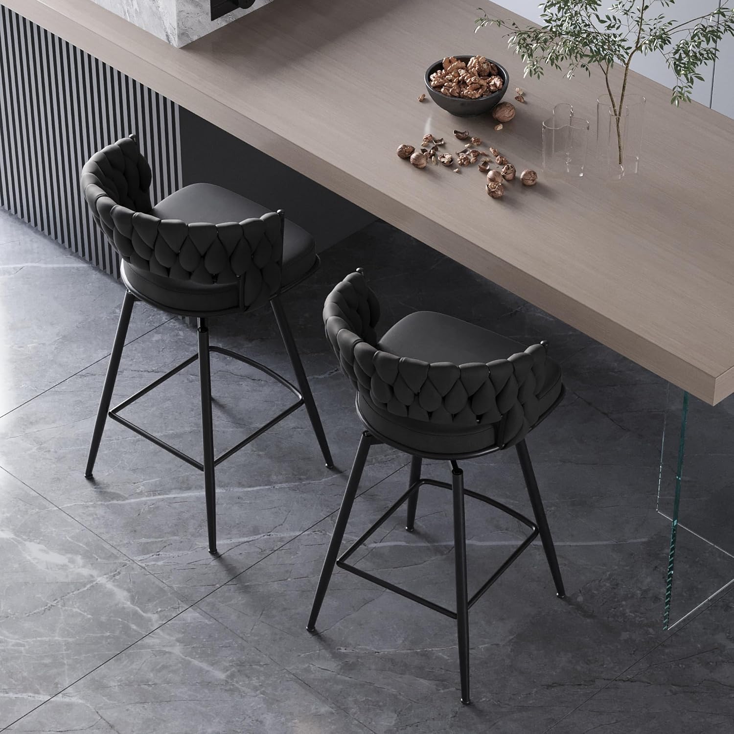 Swivel Bar Stools Set of 2, Modern 360° Swivel Bar Stools, 25 inch Modern Bar Chairs with Woven Back & Footrest, Counter Height Bar Stools for Kitchen Island, Cafe, Bar, Wet Counter