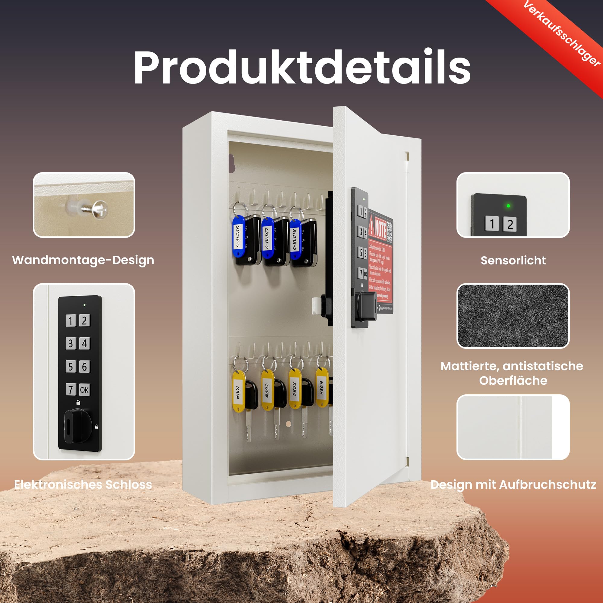 Grimtron Elektronischer Schlüsselschrank Zahlencode für 40 Schlüssel - Wandmontage Schlüsselbox Beige - Privat/Öffentlich/Anti-Peep Modus - Ideales Muttertagsgeschenk