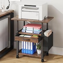 Printer Table with Wheels – 3 Tier Printer Stand with Drawer, Office Shelf for Fax/Scanner/3D, Rustic Brown