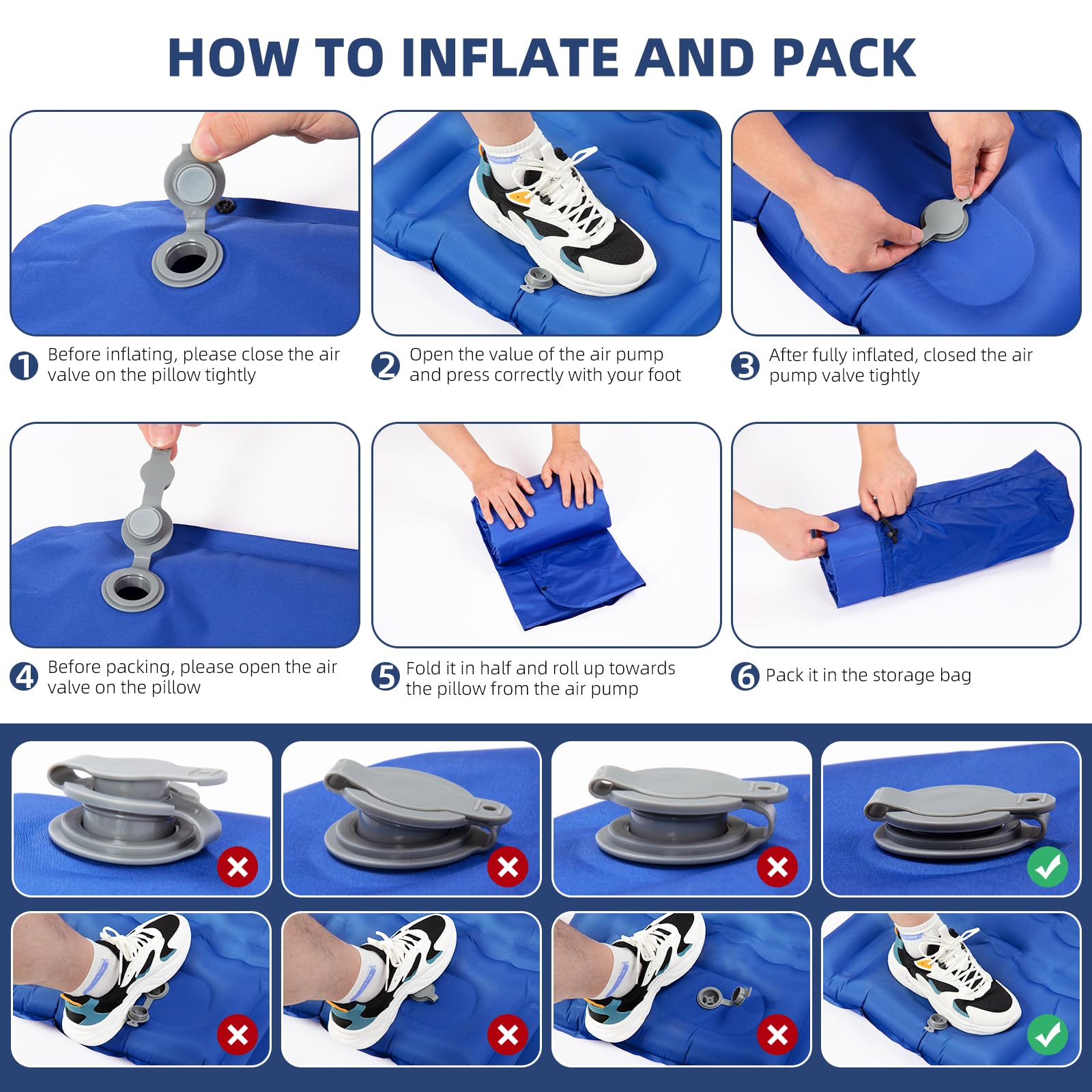 GLMNES Isomatte, ultraleichte, Dicke, aufblasbare Isomatte für Camping, integrierte Pumpe, ideal für Camping, Wandern, Tragetasche, Reparaturset, kompakte und leichte Luftmatratze (blau)