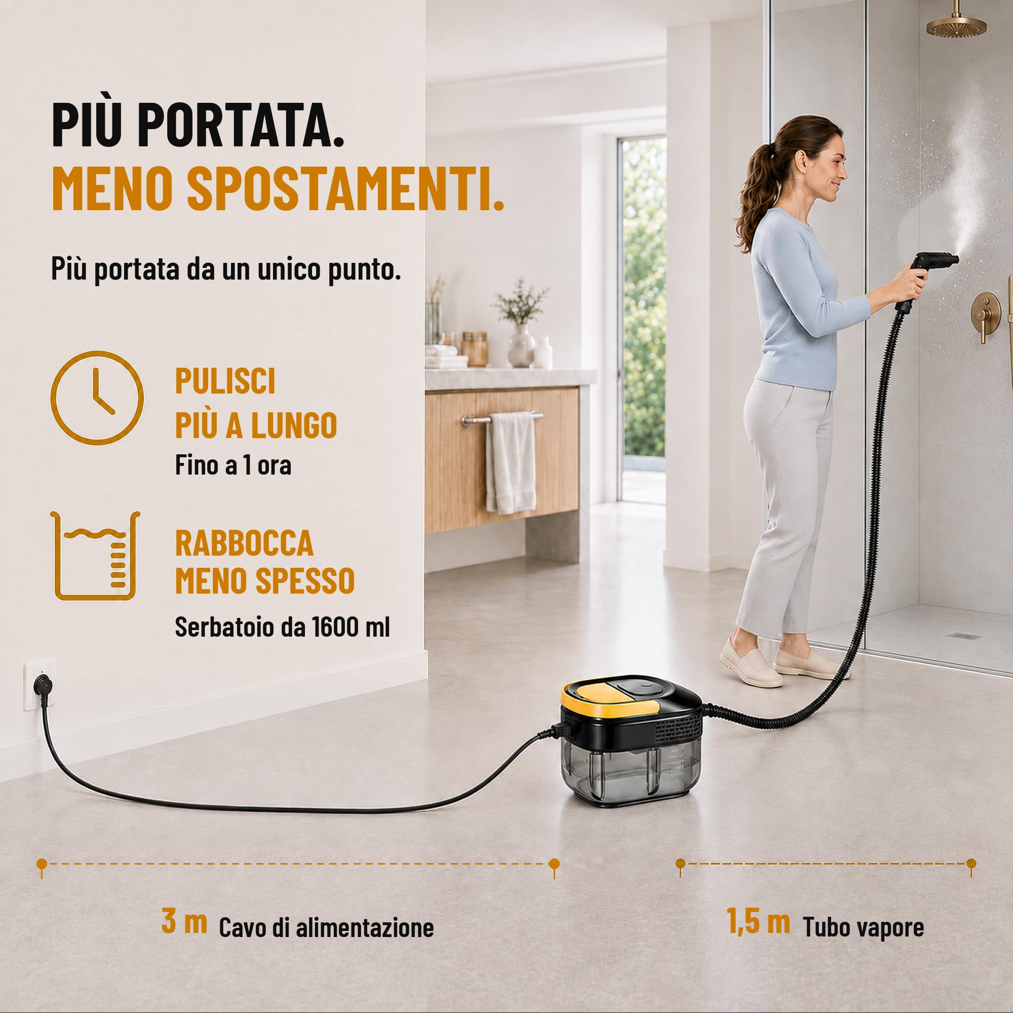 Pulitore a Vapore Portatile 17-in-1, Casa&Auto, Tempo Riscaldamento 10s, Serbatoio 1600ml, 3 Livelli Vapore Regolabili su Impugnatura, Raggio 4,5m, Accessori: Cucina, Bagno, Pavimenti, Finestre, Auto