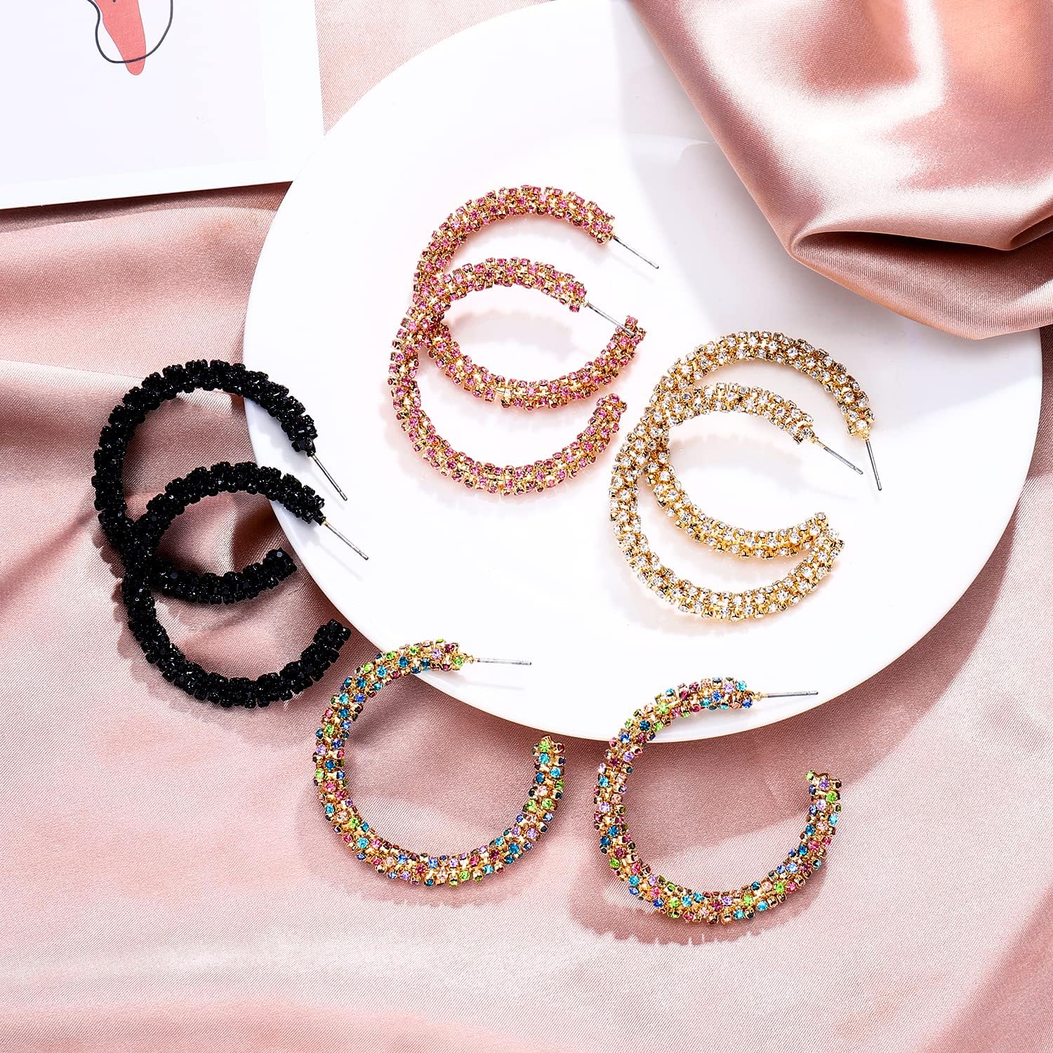Rhinestone Hoop Earring for Women Sparkly Crystal Wrapped Hoop Dangle Earrings Statement Boho Gold Black Plated CZ Hoop Earring thumbnail