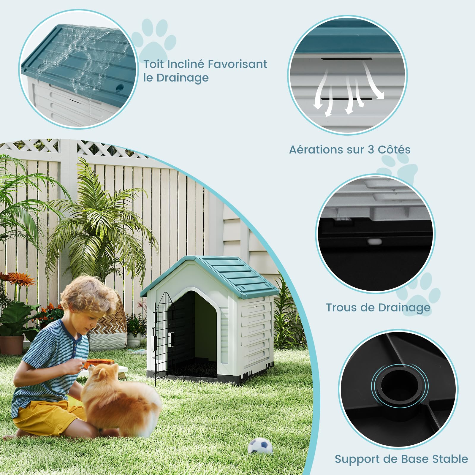GYMAX Niche pour Chien avec Porte Métallique Verrouillable, Toit Incliné Anti-Accumulation d'eau, Bonne Ventilation, Abri en Plastique pour Animaux Convient pour Intérieur et Extérieur (Bleu)