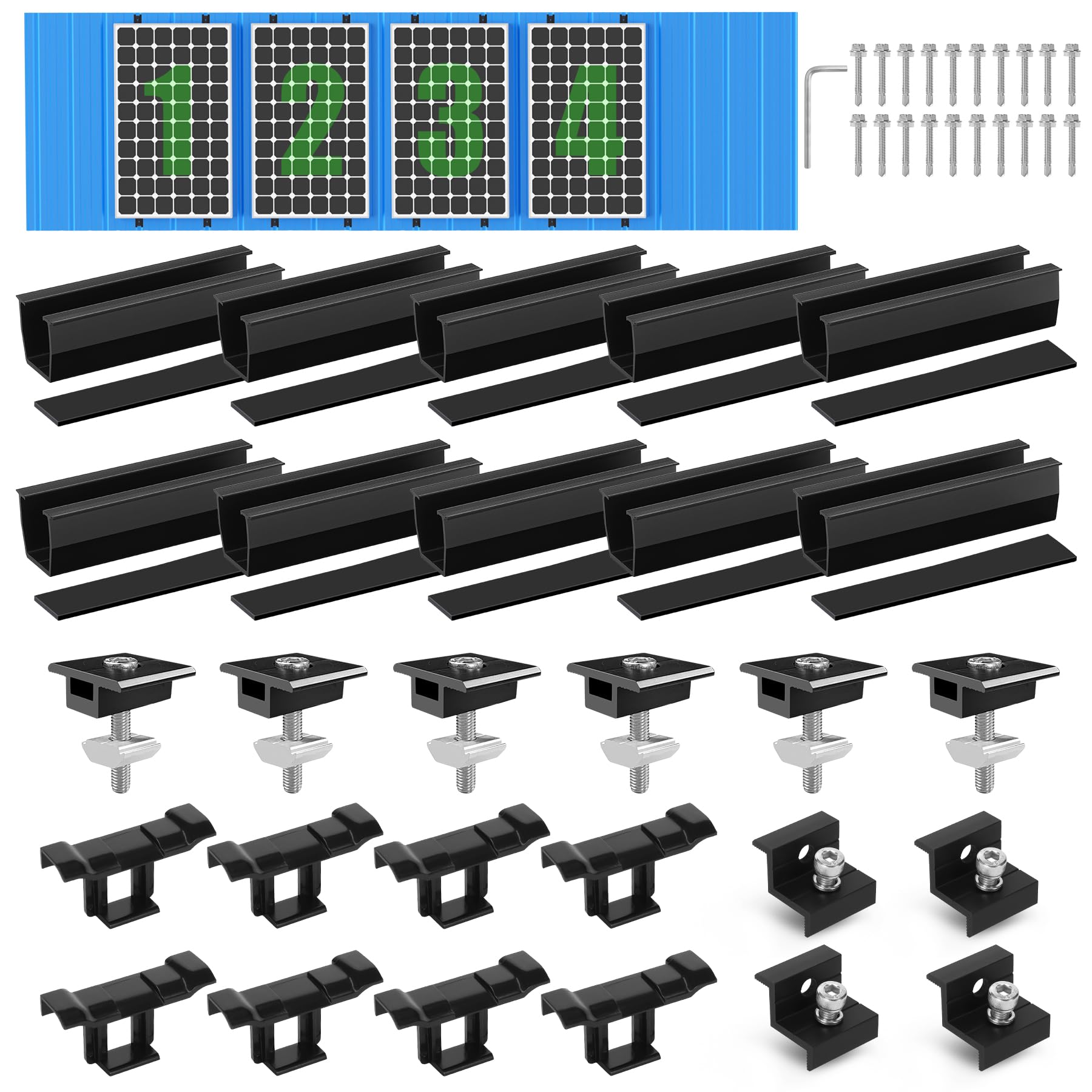 Kit de Montage PV pour 4 Module,Support de Panneau Solaire, Rail Noir de 12 CM,Clips de Drainage d'eau 30 MM, Pince Réglable pour Modules de 30 à 35 mm d'épaisseur- Pour toit plat,trapézoïdal