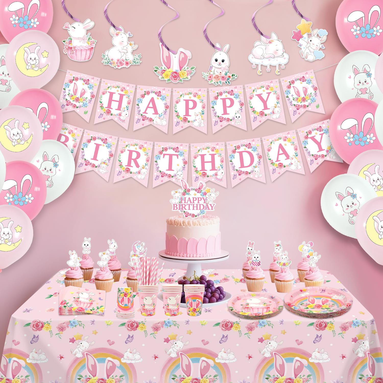 Bunny Decorazioni per feste di compleanno – Accessori per feste con coniglio tra cui striscioni, piatti, decorazioni per torte, bicchieri, tovaglioli, palloncini, tovaglie, per 20 persone (LQ