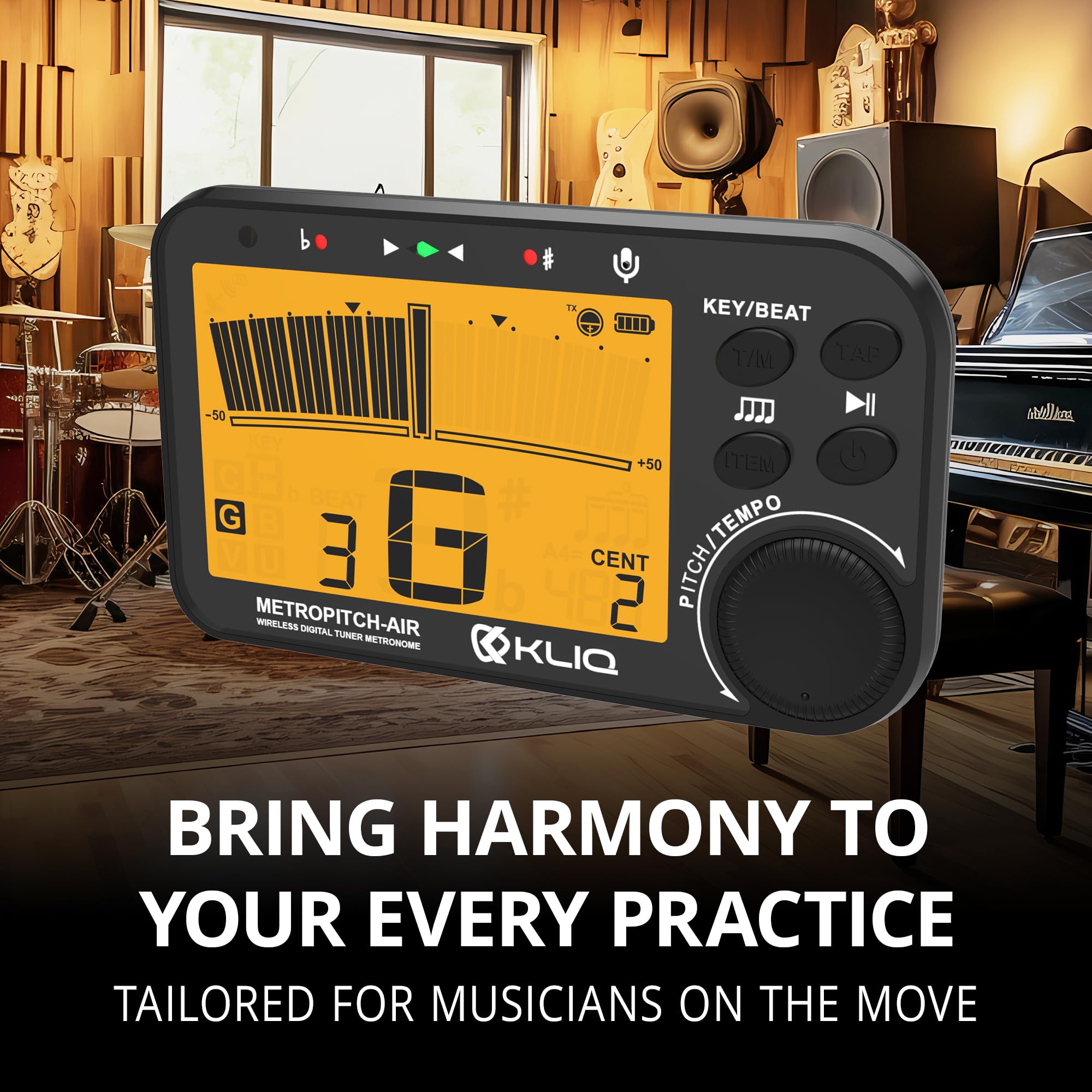 KLIQ MetroPitch - Metronom Stimmgerät für alle Instrumente - mit Gitarre, Bass, Violine, Ukulele und chromatischen Stimmmodi (MetroPitch-Air, Schwarz)