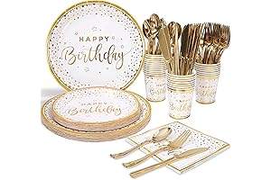 175PCS Happy Birthday Paper Plates and Napkins with Gold Plastic Silverware