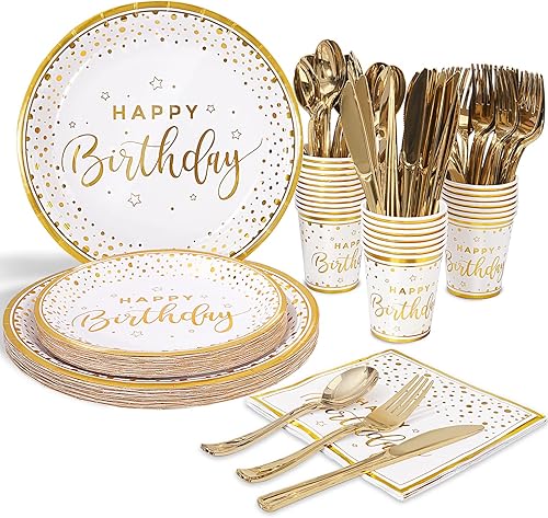175 platos y servilletas de feliz cumpleaños, platos y servilletas de papel de punto dorado con tenedores de plástico dorado, cuchillos, cucharas