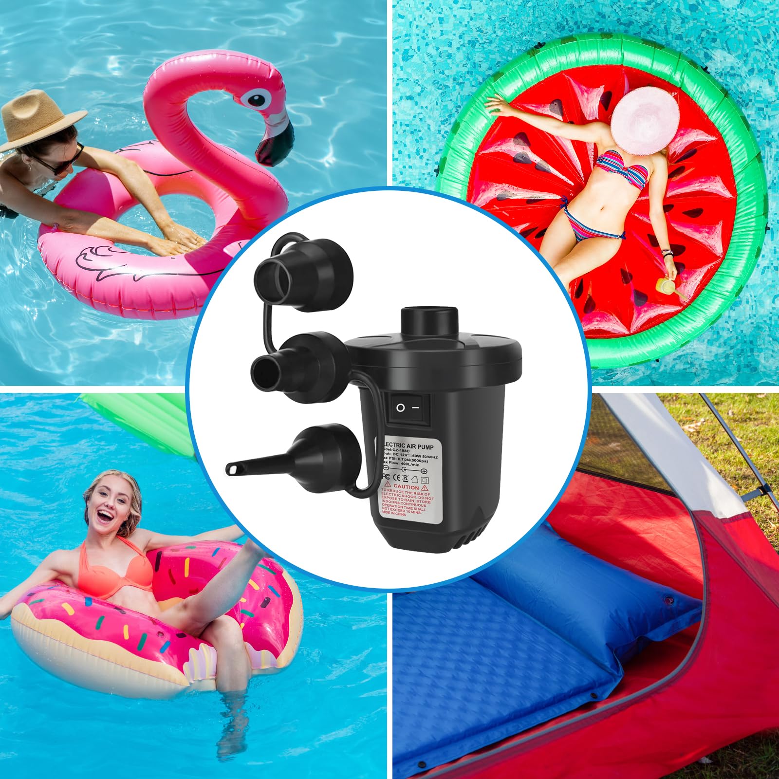 Jsdoin Pompe à air électrique, Pompe à air électrique Haute Puissance 220-240V / 130w pour Matelas Gonflable Piscine Jouets de Plage avec 3 Buses de Taille