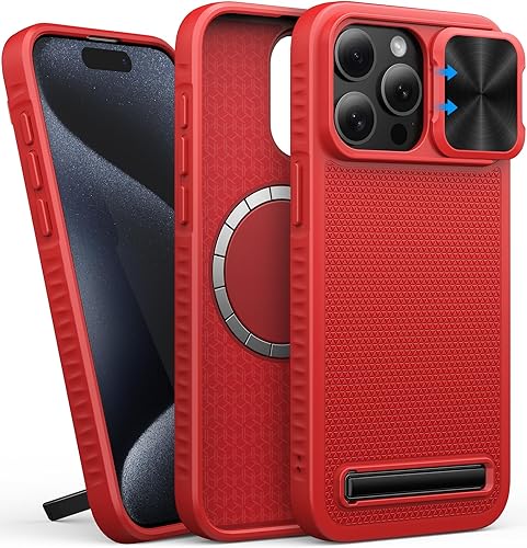 Funda para iPhone 15 Pro Max compatible con MagSafe, funda con soporte y cámara deslizante integrada, protección de grado militar, funda rígida