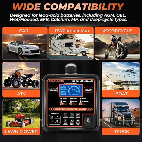 Miniatura 9 de Cargador de batería de coche de 12 V 24 V resistente, mantenedor de batería automático de 0-15 A con apagado automático, modo de reparación e
