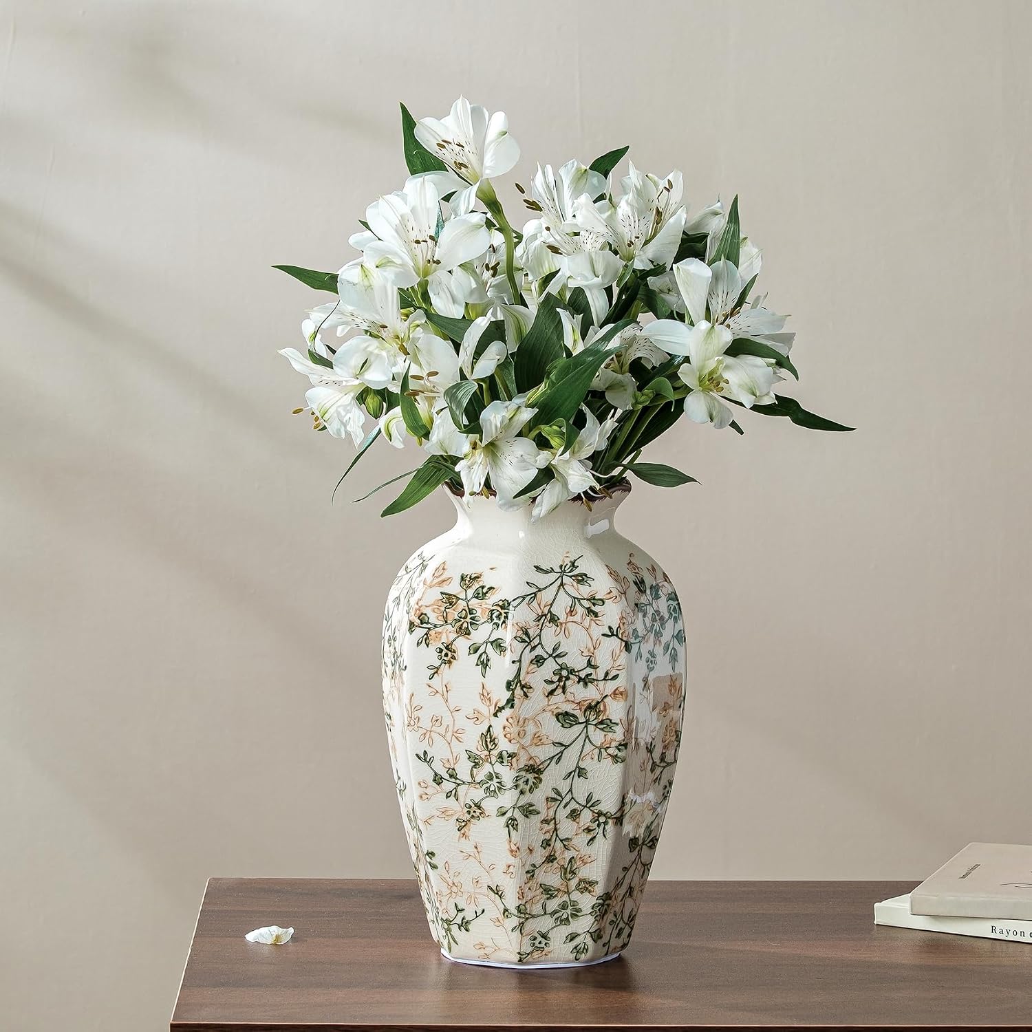 Vintage Pastoral Octagonal Ceramic Vase 9.1”, Green & Beige Chinoiserie Floral Vase, Rustic Farmhouse Decor for Living Room, Kitchen, Bedroom, Shelf