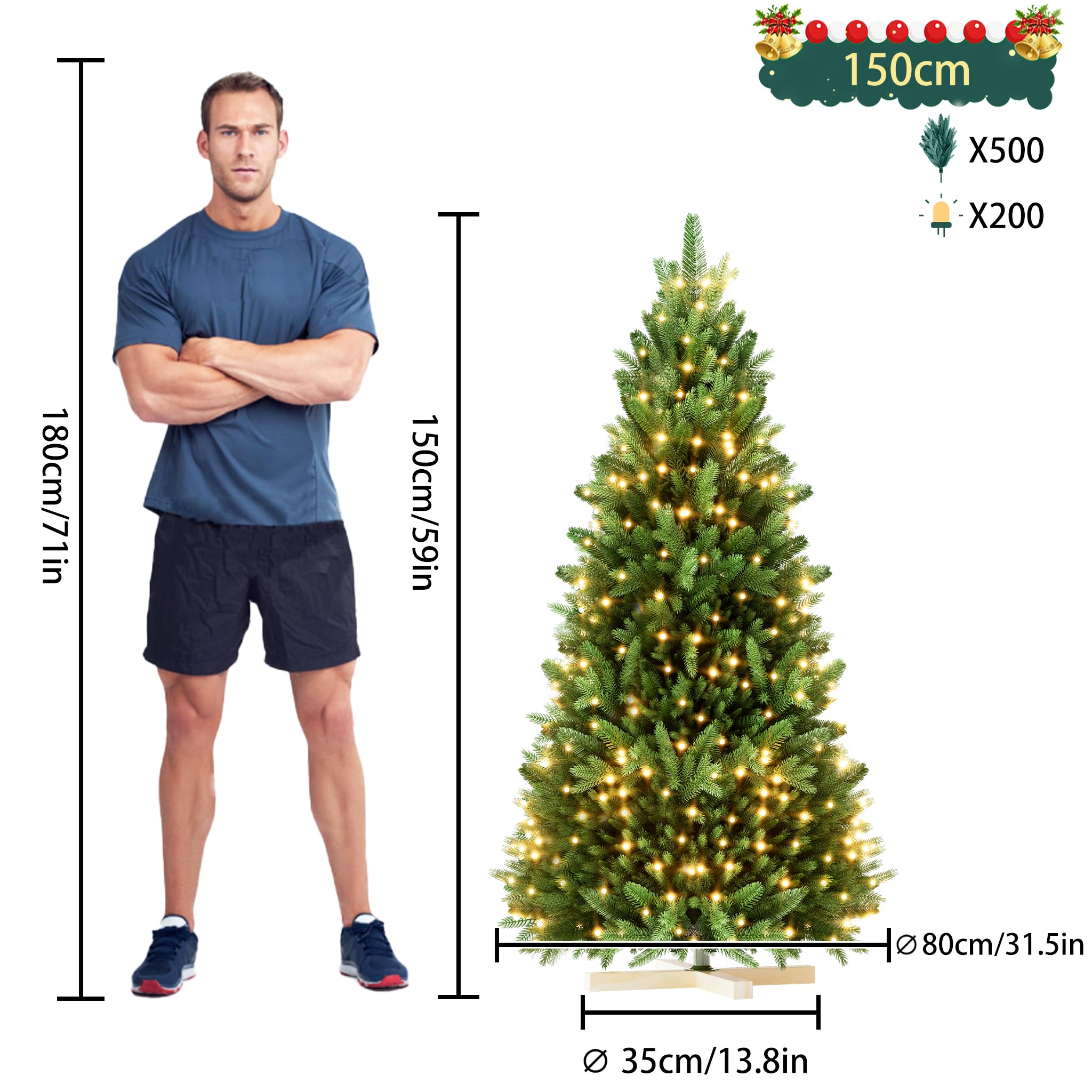 UISEBRT Árbol de Navidad artificial con iluminación, árbol de Navidad artificial con soporte de madera, árboles de Navidad artificiales con ramas y LED de color blanco cálido, para interior y exterior