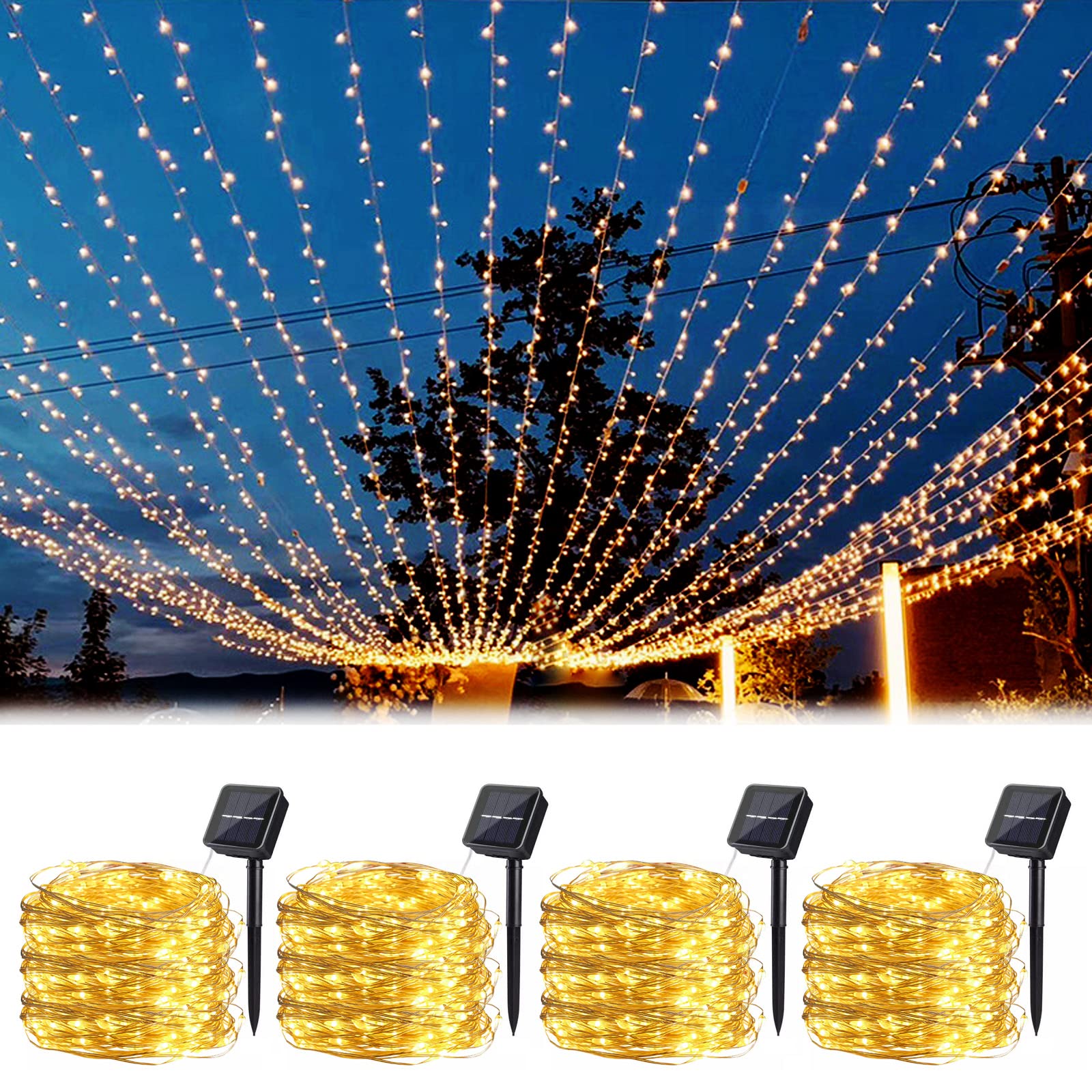 Solar String Lights 400 LED Copper Wire Waterproof Garden Fairy String Light Warm White 8 Lighting Mode For Ramadan Outdoor Indoor Bedroom Yard Fence Wedding Party Patio Christmas Tree Decor (4 Pack)
