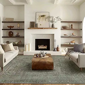 GENIMO 6x9 Area Rug for Living Room, Non Slip Machine Washable Low Pile Large Rug, Sage Indoor Vintage Lightweight for Bedroom, Dining Room & Home Office