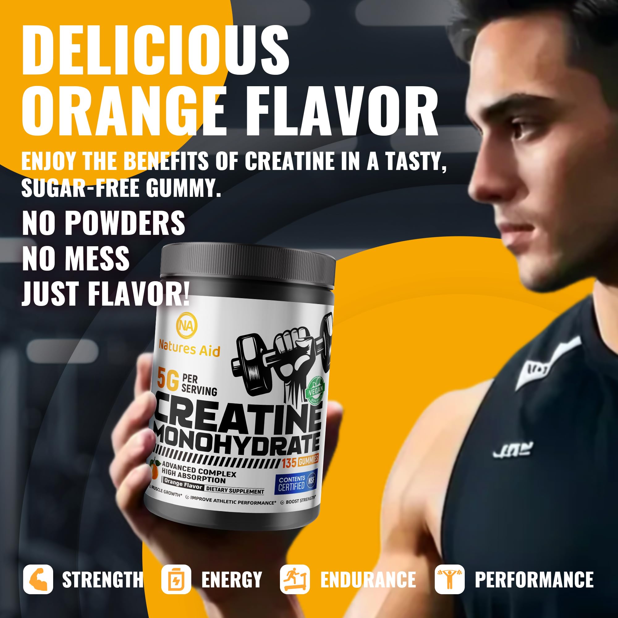 Natures Aid NSF Certified Creatine Gummy 5g - Creatine Monohydrate Gummies – Pre-Workout Energy & Muscle Growth Support for Men & Women | Orange Electrolyte Gummies (135 Count) — Amazon image 6