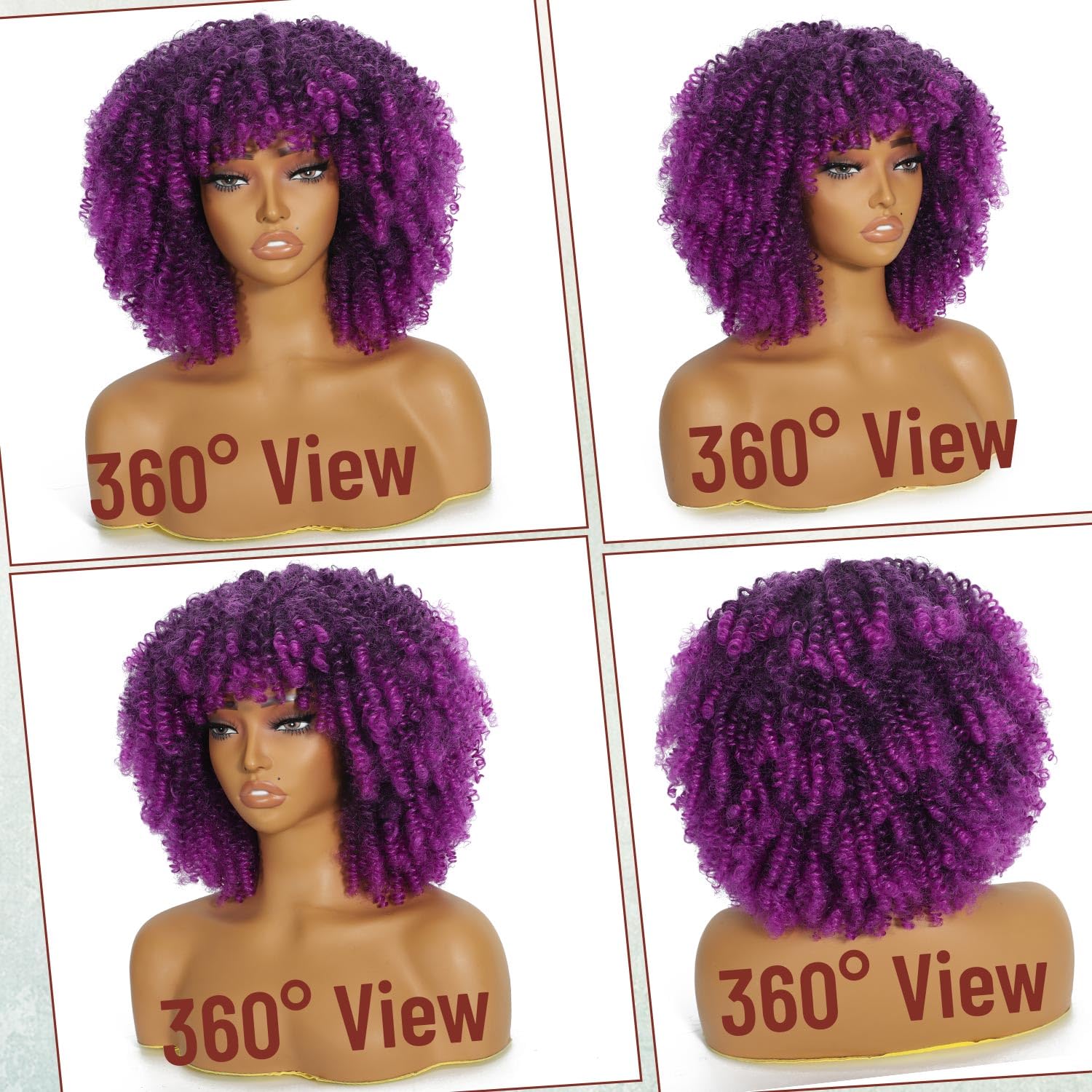 onyxrose Curly Afro Wig with Bangs Kinky Curly Wigs for Black Women Synthetic Wig with Bangs for Black Women for Daily Party（Ombre Purple）