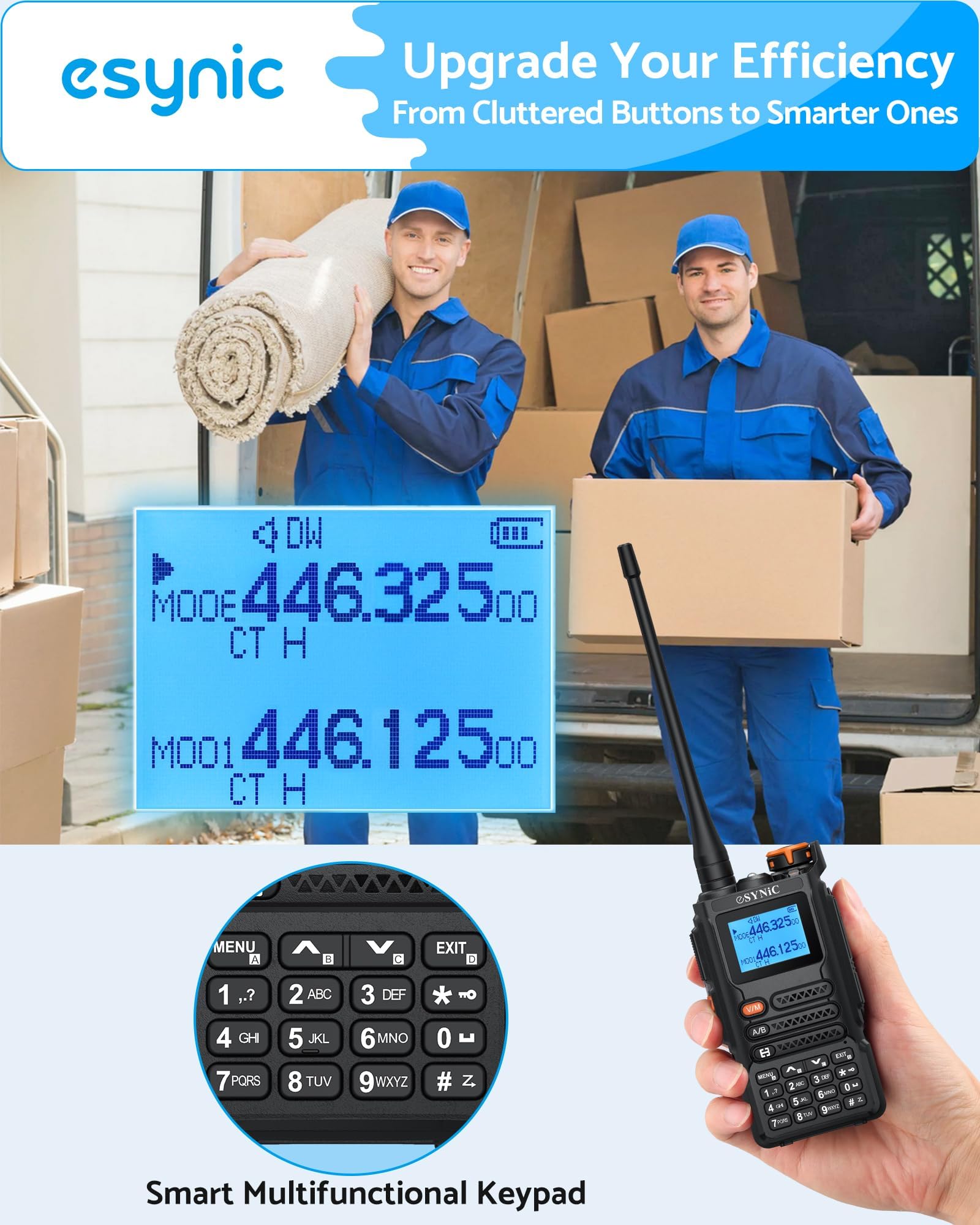 eSynic 2PCS Walkie Talkie Profesional, Walkie UV5R Pro de Largo Alcance 5km con VOX, 999 Canales VHF & UHF Banda, Carga USB C Compatible con Pantalla LCD DTMF FM de Doble Banda