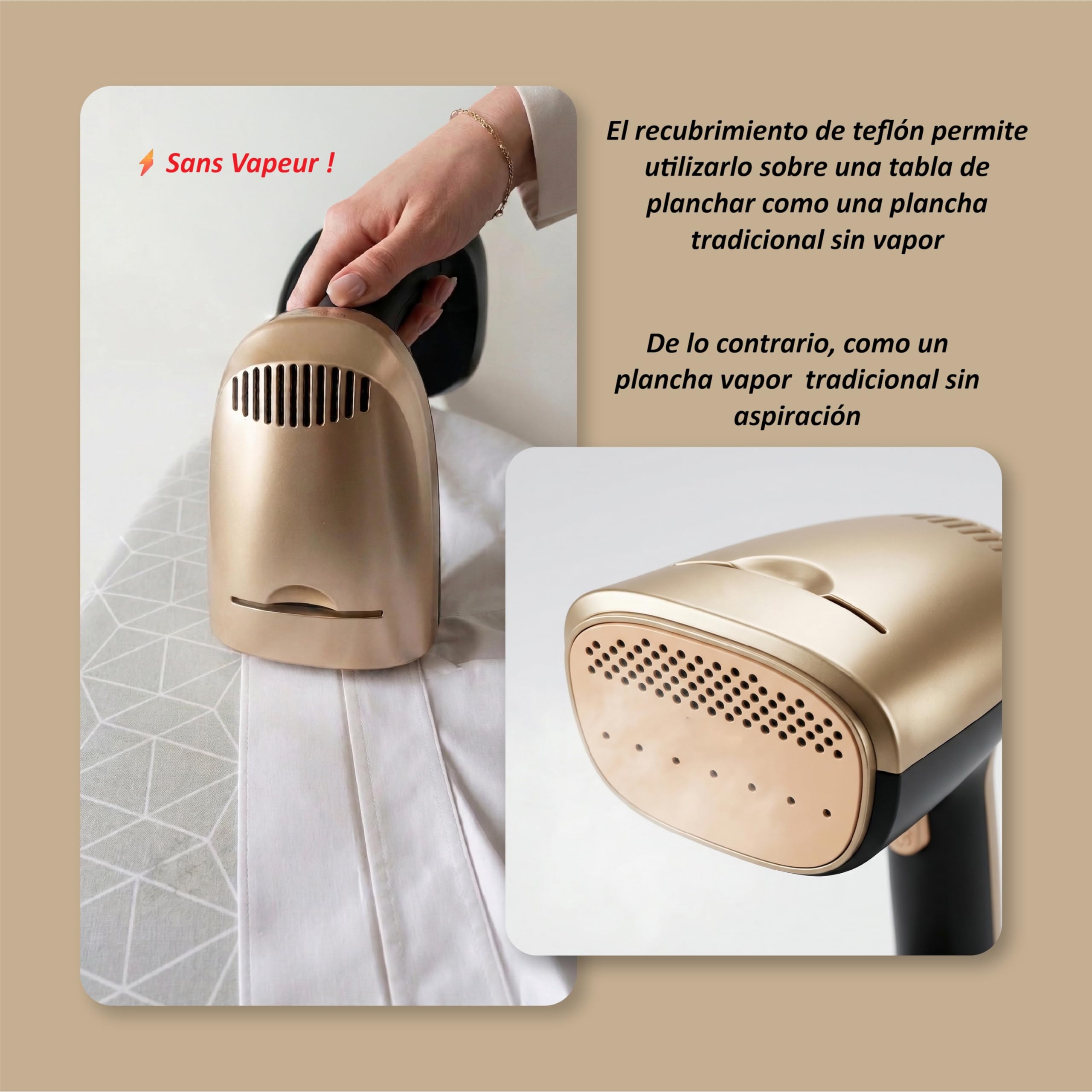 FAUG Plancha vertical 1500W. Gana un 50% de eficiencia gracias a la nueva función de succión. Flujo de vapor de 15 a 21 g/min y suela de teflón para prendas sin arrugas.