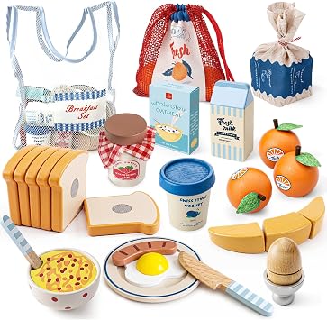 Lehoo Castle Wooden Play Food Set - Montessori Cutting Fruit Egg Bread, Pretend Breakfast Food Toys for Kids Kitchen, Educational Toddler Toys 3-5 Years, with Storage Bag, Birthday Gift for Boys Girls