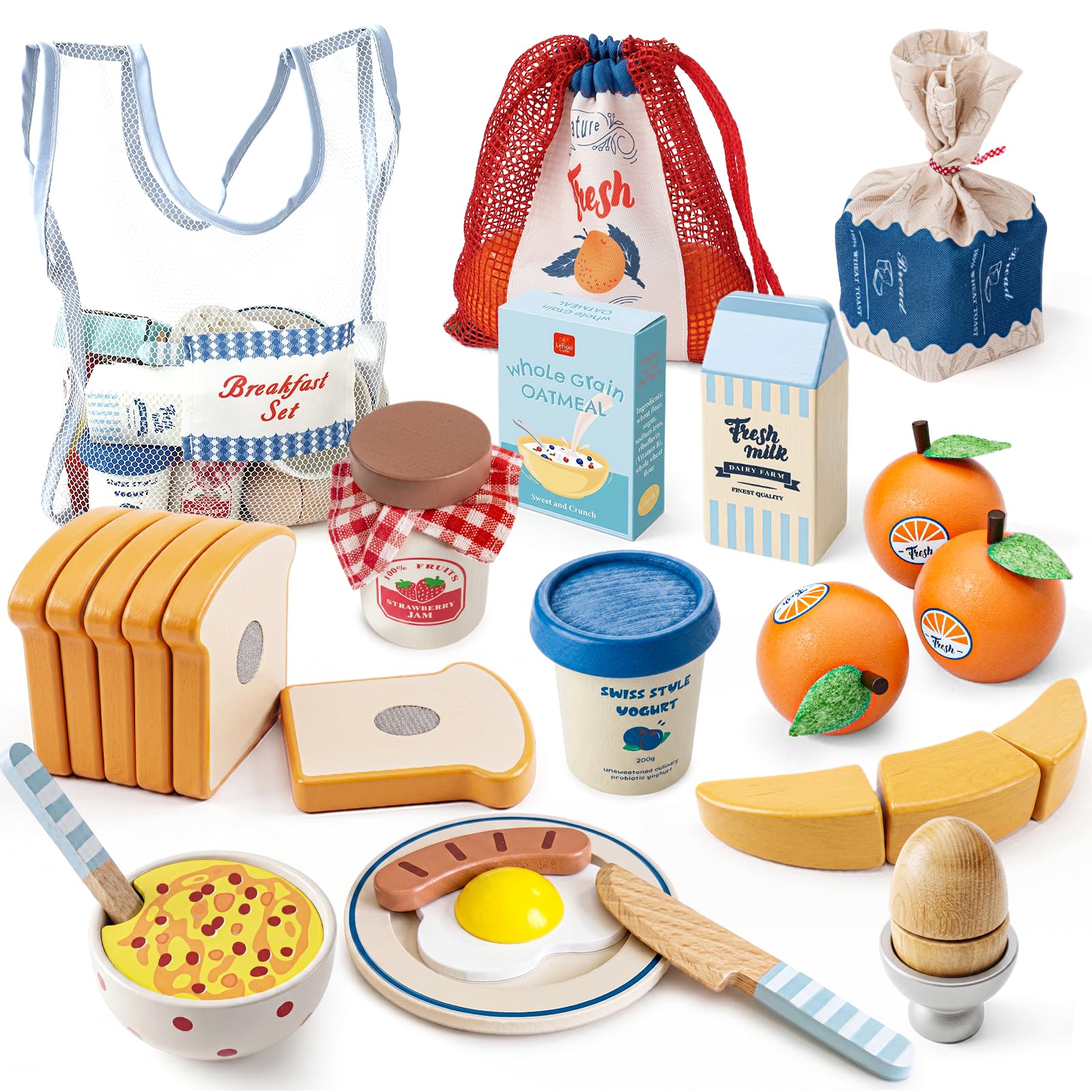 Lehoo Castle Accesorios Cocina Juguetes, Comida Madera Juguete, Comida Juguete Cocinita, Cocinita de Madera Infantil, Juguetes Montessori 2 3 4 Año(Desayuno)