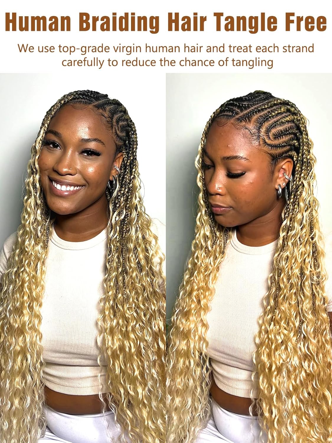 Light Honey Blond Human Braiding Hair Deep Wave Bulk，Honey 613 No Weft Curly Braiding Hair Extensions for Boho Braids Wet and Wavy Braiding Human Hair Bundles(20inch,613,100g)