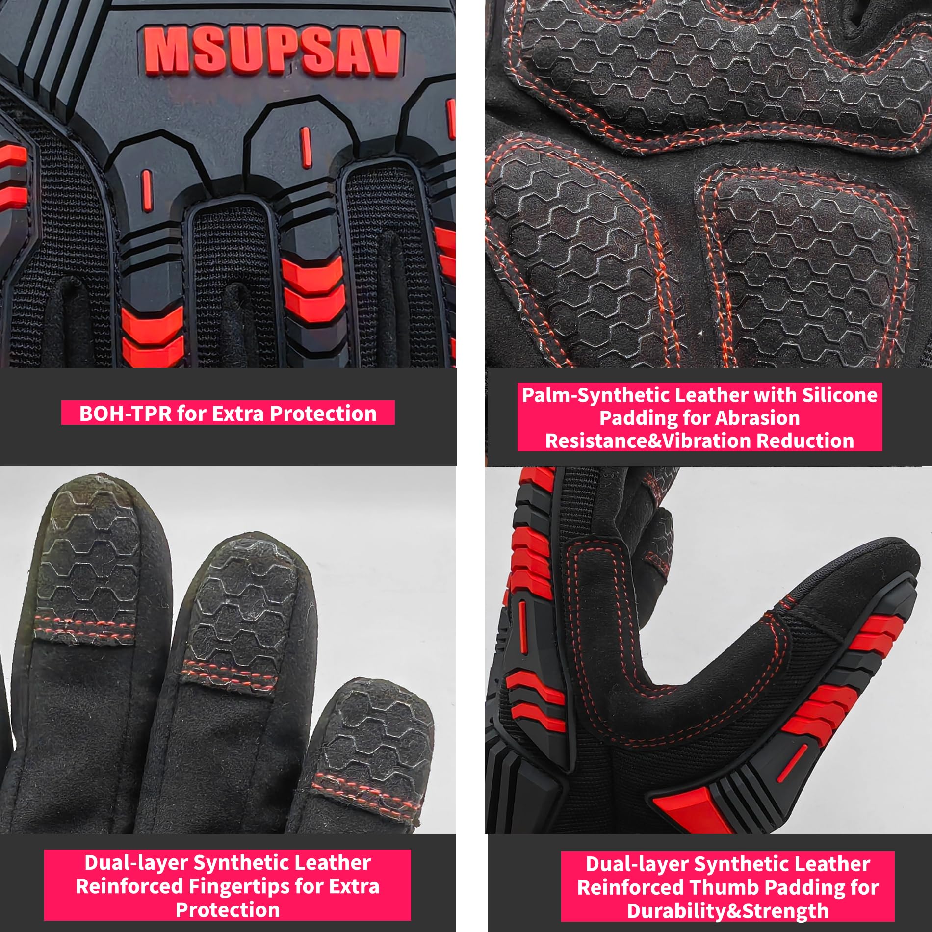 Arbeitshandschuhe mit sicherem Sitz, Arbeitshandschuhe mit Aufprallschutz und Vibrationsabsorption, Sicherheit für Männer, X-Large, Rot und Schwarz