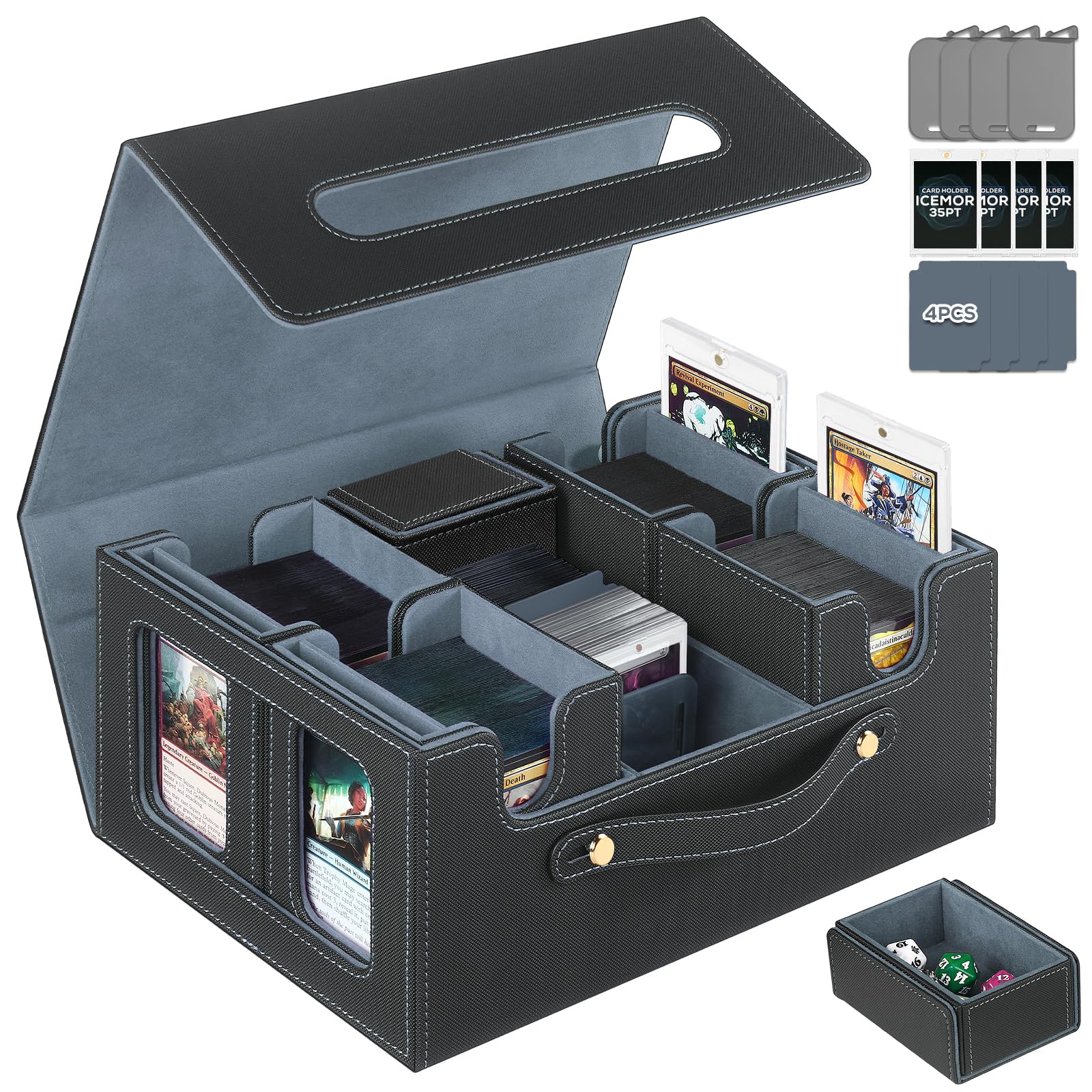 ICEMOR Karten AufbewahrungsBox für Griff,Commander Deck Box für MTG&TCG,Trading Card Storage Box mit 4 Toploader,4 Stopper,4 bunte Trennblätter.(Schwarz & Grau)