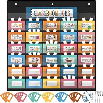 Watersay Class Jobs Pocket Chart for Classroom with 111 Cards and 3 Hooks Teachers Helper Classroom Management Educational Pocket Chart for School Classroom HomeBoho