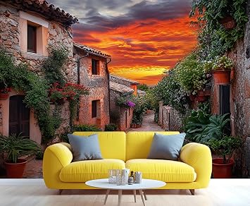 Italian Street Scene Wall Mural, European Flowered Alleyway 3D Wall Murals, Romantic Garden Street Wallpaper Mural, for Living Room Bedroom Large Wallpaper Interior Decor 59" W x39.4 H