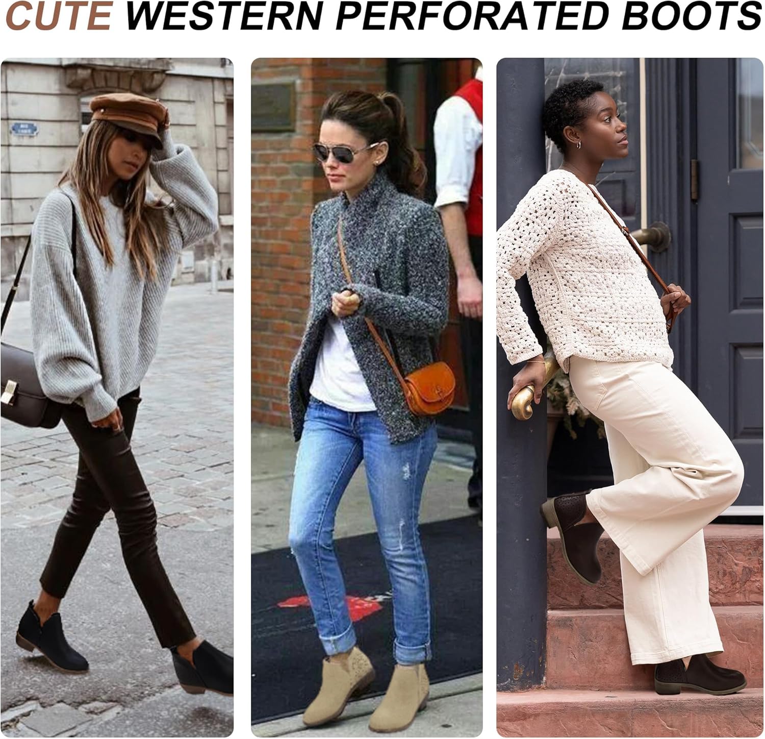 Vepose Women's Short Ankle Boots Low Heel, Western Cutout Perforated Booties - Image 2