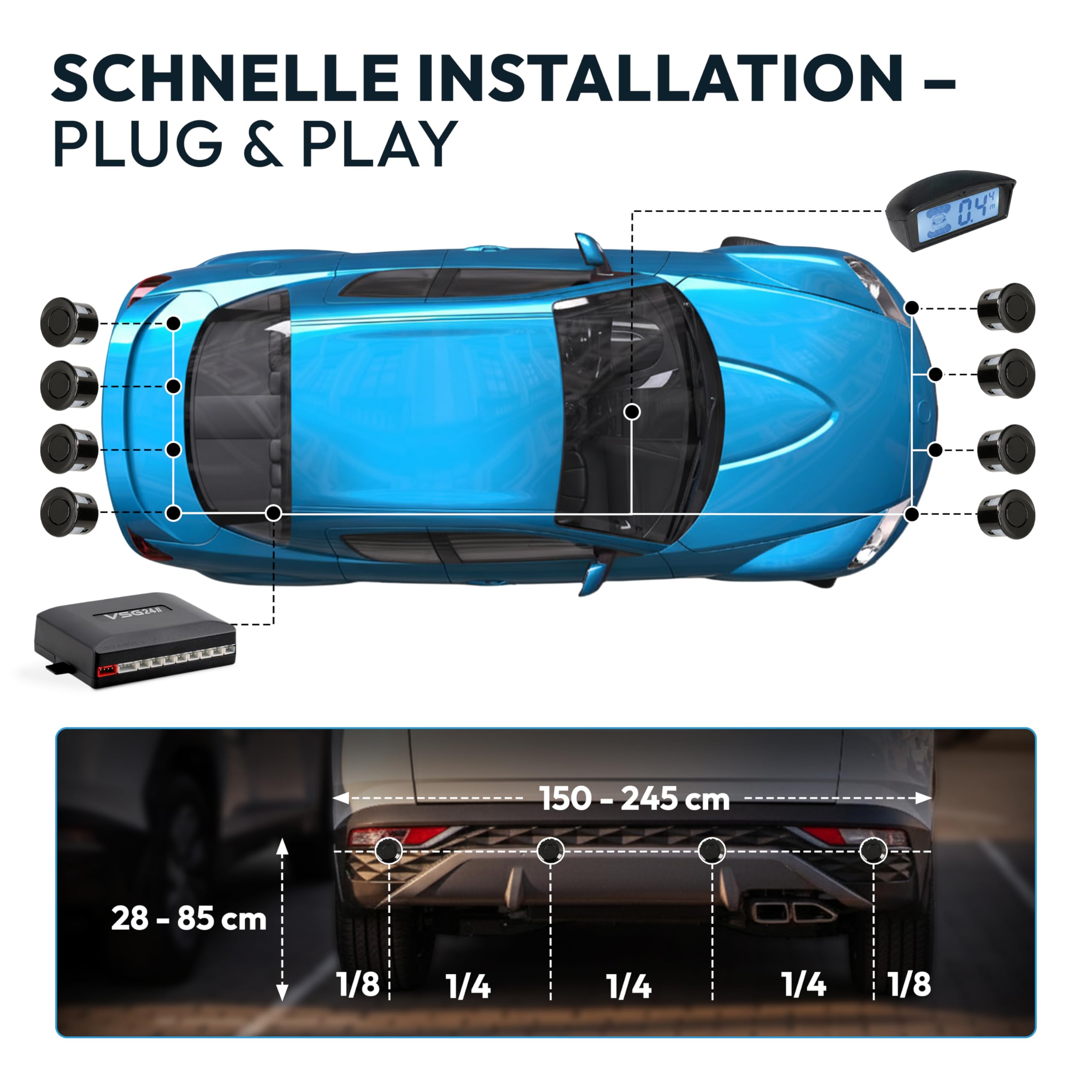 VSG24 Echo Plus Einparkhilfe Set vorne & hinten mit Display & 8 Sensoren – robuste Parkhilfe für Fahrzeuge, Wohnmobil & Transporter – LED-Anzeige & akustischer Warner – bis 12 m – 12V PDC Nachrüstset