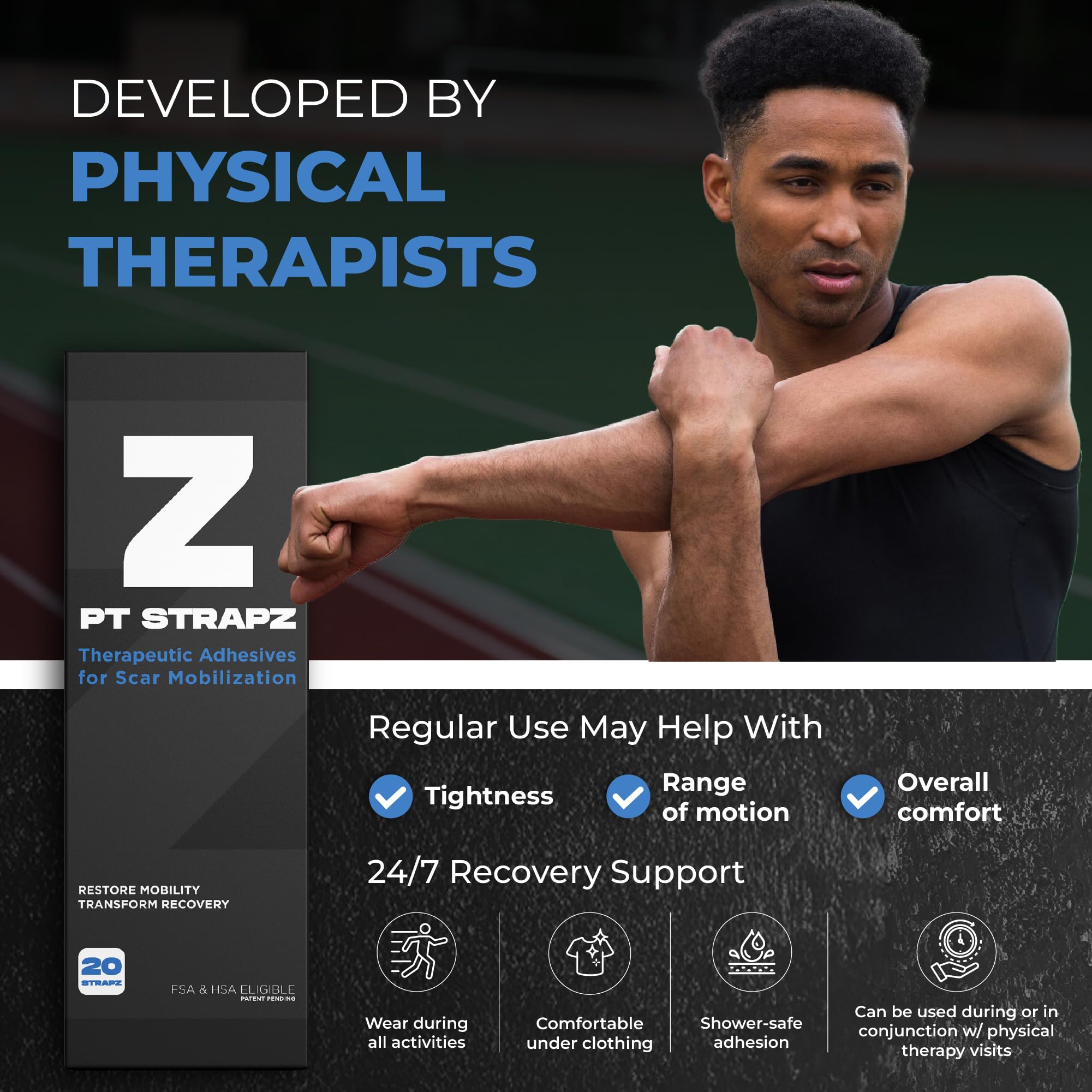 PT StrapZ Non-Elastic, Therapeutic Adhesive, Scar Tissue Mobilization, Scar Tissue Stretching, Therapeutic Tool to aid Recovery from Surgery or Trauma Health & Personal Care (20 strips)