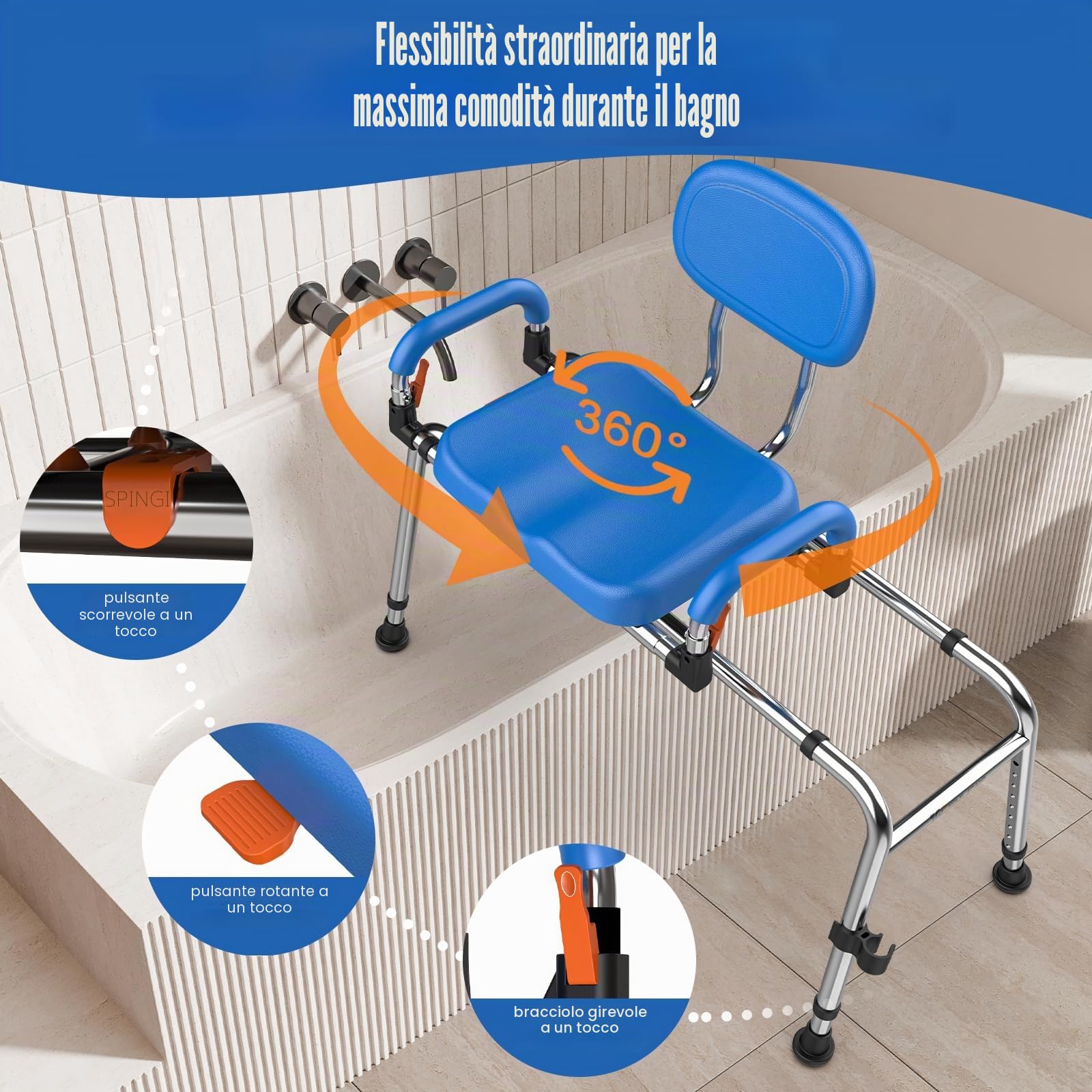 Sedia doccia girevole 360° e scorrevole, portata 204 kg. Regolabile in altezza, braccioli imbottiti, piedini antiscivolo. Sicura e confortevole per doccia e vasca (Blu intenso)