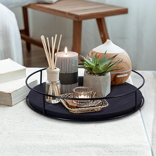 Miniatura 6 de Paquete de 2 organizadores Lazy Susan de madera negra de 9 y 10 pulgadas con lados de acero, tocadiscos Lazy Susan para gabinete, almacenamiento de