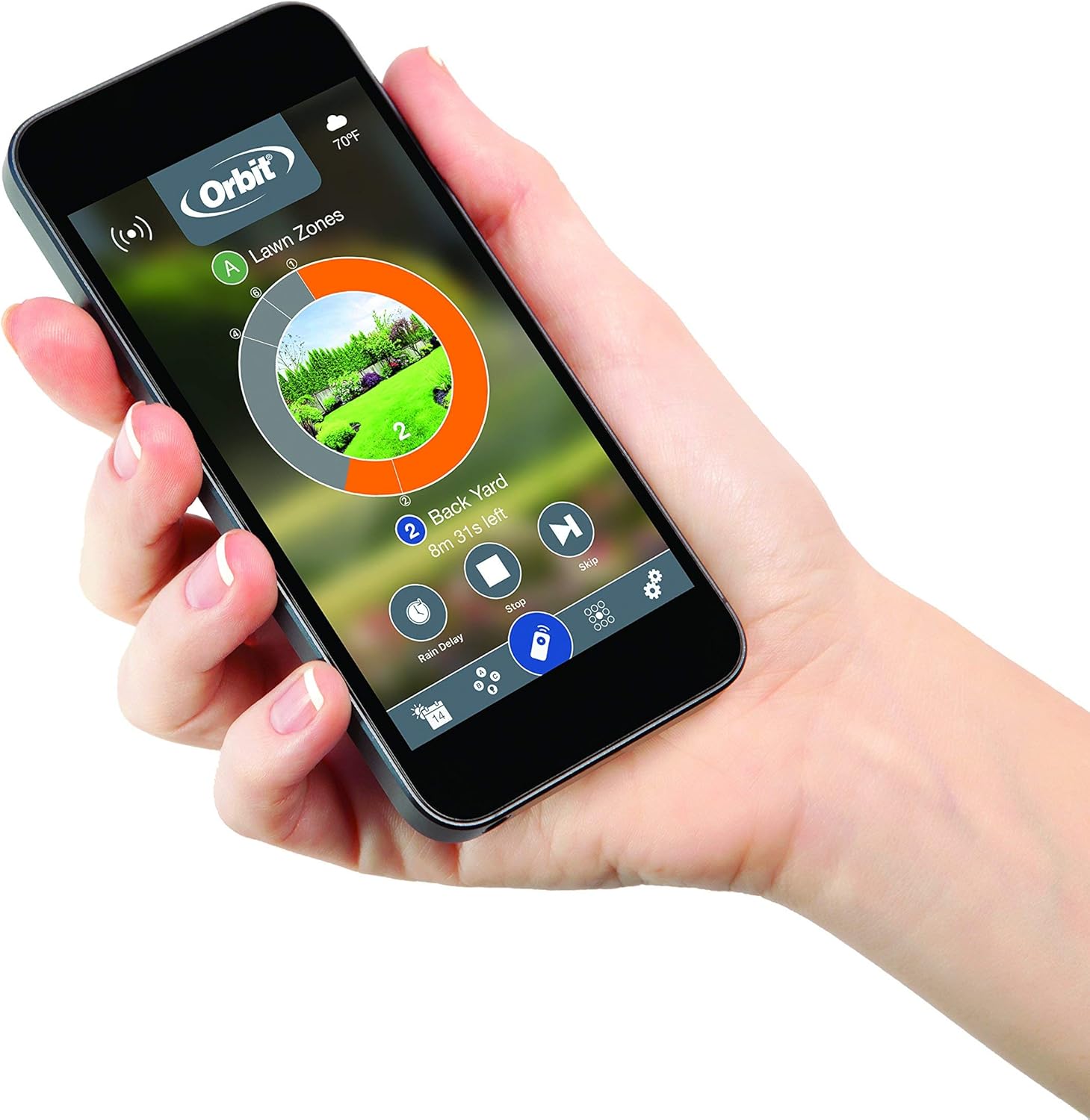 A hand holding a smartphone displaying the Orbit B-Hyve app