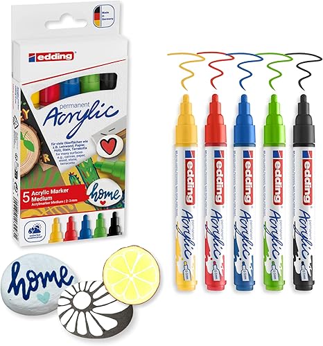 edding Juego de 5100 marcadores de pintura acrílica, suministros de arte para pinturas, terracota, rocas, lienzo y madera, 5 colores mezclables con